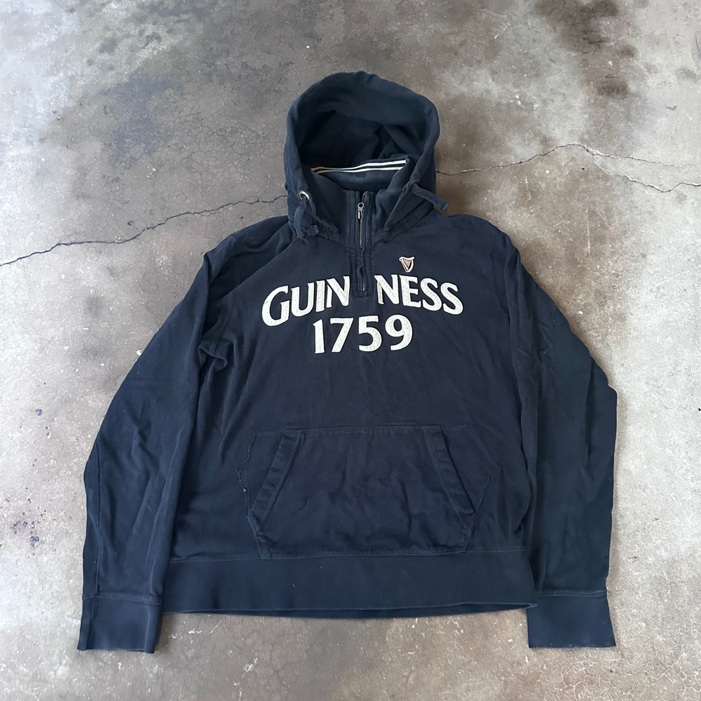 Guinness Hoodie Mens XL Black Excellent Quarter Zip 1759 Graphic Pullover